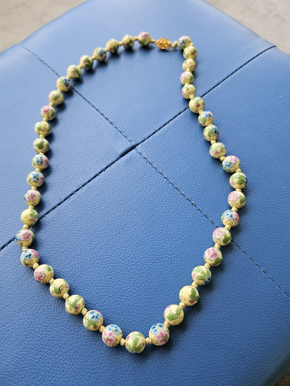 Vintage Hand-Painted Floral Yellow Porcelain Bead Necklace